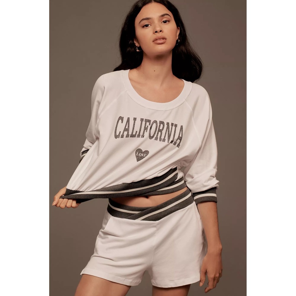 Sundry Anthropologie California Love Heart Graphic Sweatshirt White Grey Striped